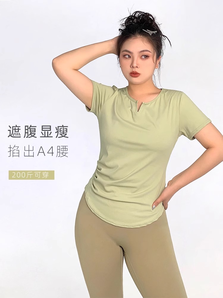 尘曲大码胖mm夏季新款大码显瘦健身服短袖运动上衣速干正肩t恤女